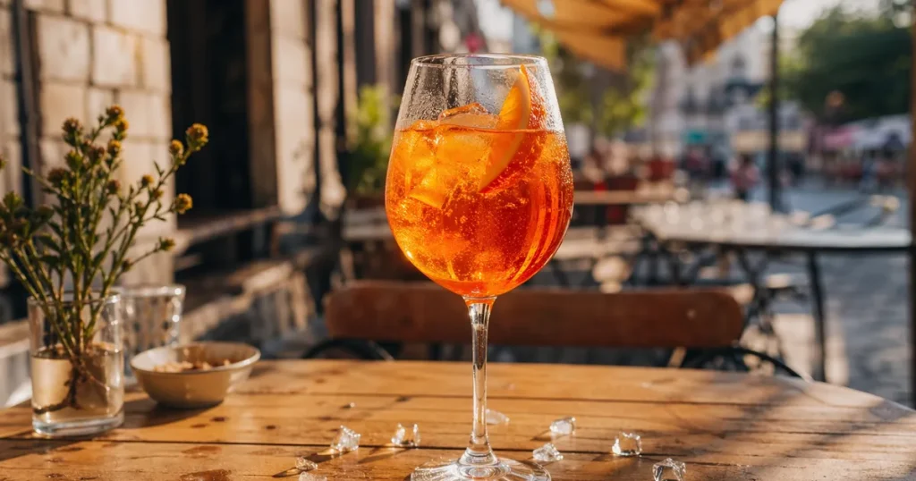 Aperol Spritz i ballongglas på uteservering med apelsinskiva och is