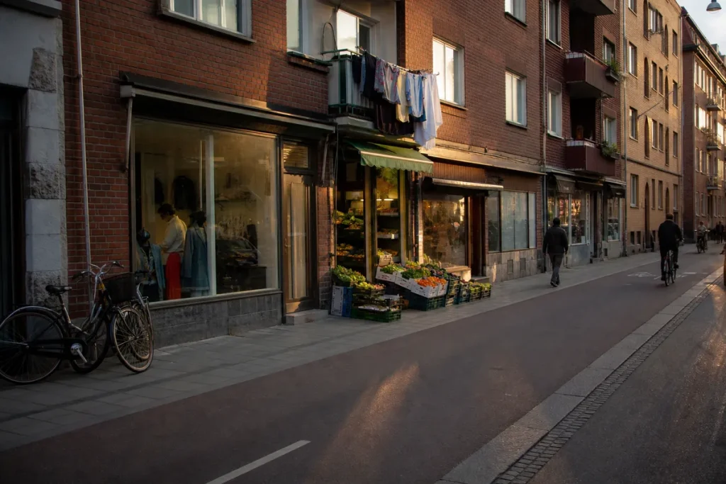 Gatuvy i Malmö med butiker och cyklar i eftermiddagsljus