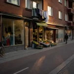 Gatuvy i Malmö med butiker och cyklar i eftermiddagsljus