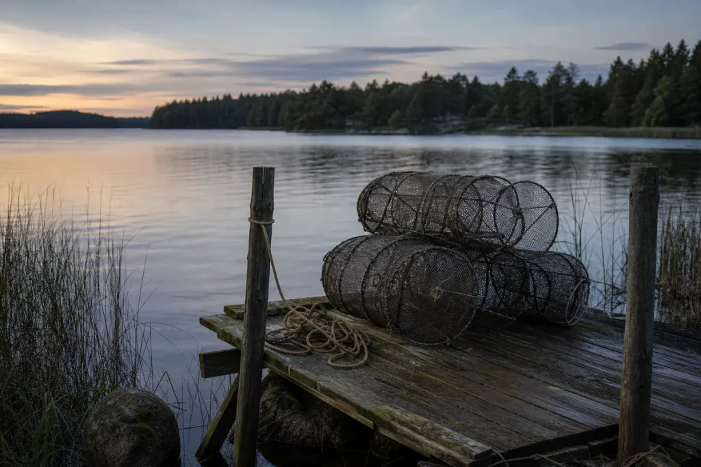 Kräftmjärdar på en brygga vid en svensk sjö i skymning