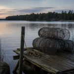 Kräftmjärdar på en brygga vid en svensk sjö i skymning