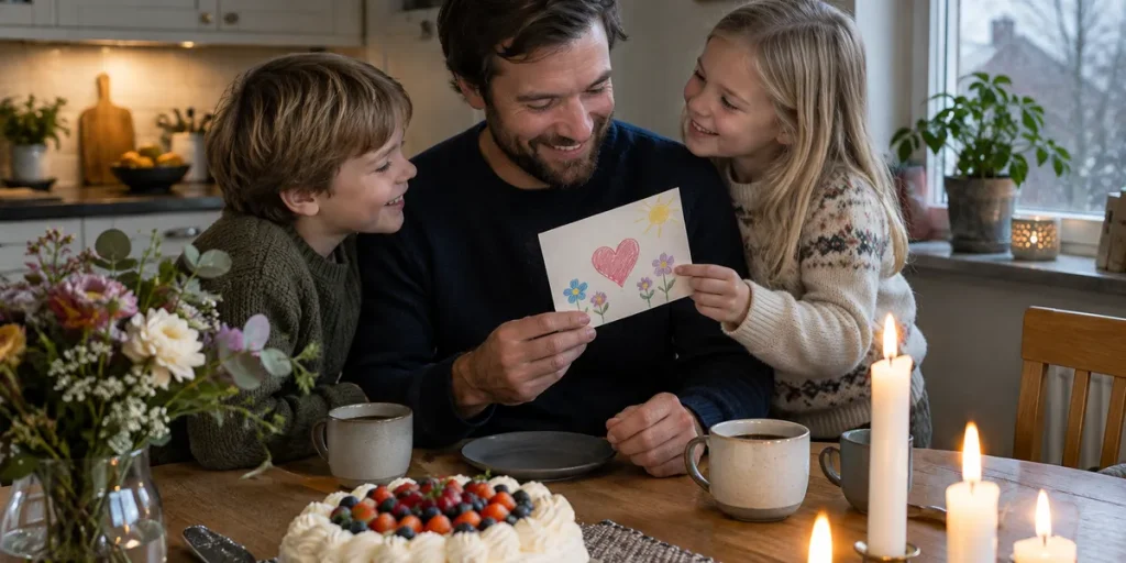 En pappa får ett hemgjort kort av sina två barn vid ett köksbord med tårta, kaffe och tända ljus en novembermorgon.