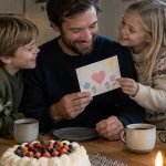 En pappa får ett hemgjort kort av sina två barn vid ett köksbord med tårta, kaffe och tända ljus en novembermorgon.