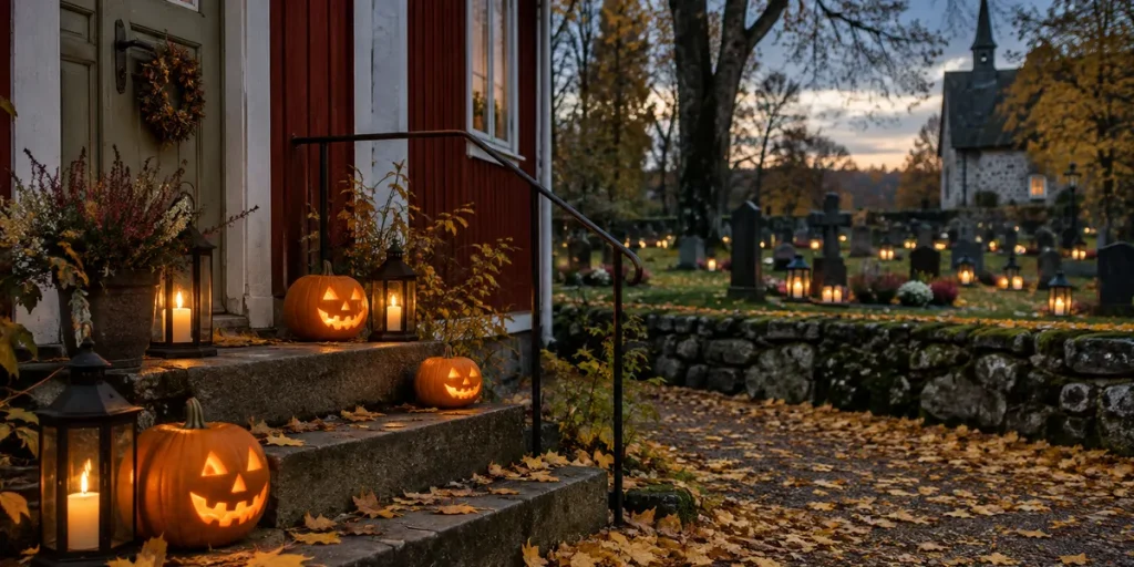 Utskurna pumpor med tända ljus på trappan till ett rött trähus en oktoberkväll, med gravljus på kyrkogården i bakgrunden.