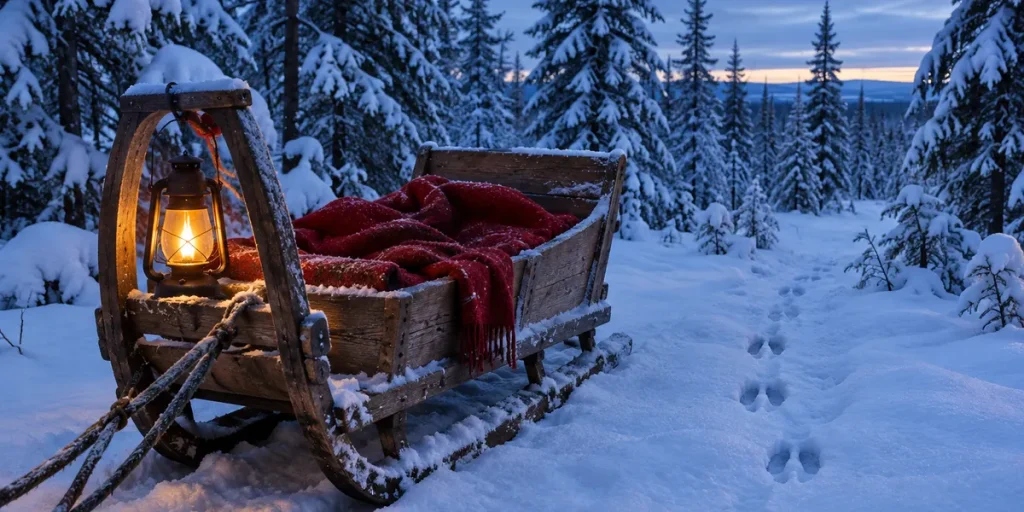 En tom träsläde med röda filtar och en tänd lykta i en snöig granskog i blått skymningsljus.
