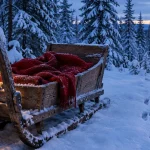 En tom träsläde med röda filtar och en tänd lykta i en snöig granskog i blått skymningsljus.