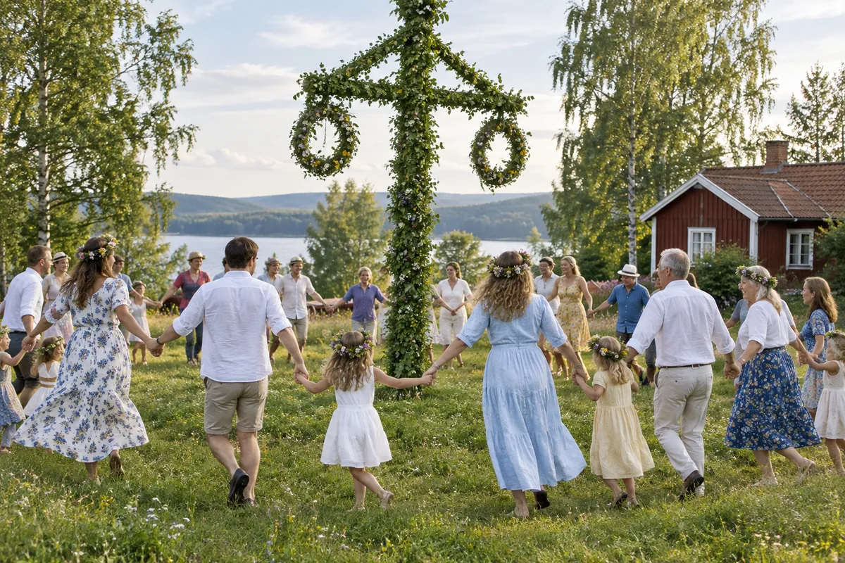 Vuxna och barn med blomsterkransar dansar ringdans kring en lövklädd midsommarstång på en äng vid en sjö, med en falröd stuga i bakgrunden