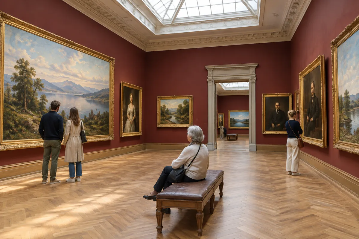 Besökare betraktar landskaps- och porträttmålningar i guldramar på mörkröda väggar i en ljus museisal med takfönster