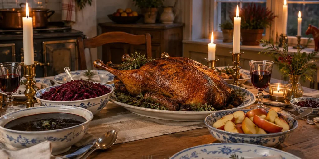Ett dukat bord med helstekt gås, svartsoppa, rödkål och äppelklyftor i skenet av levande ljus.