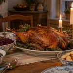 Ett dukat bord med helstekt gås, svartsoppa, rödkål och äppelklyftor i skenet av levande ljus.